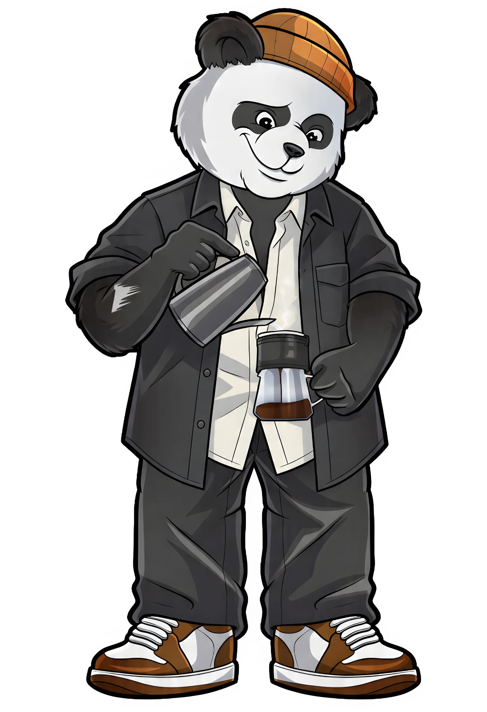 Panda Pete, the Graycano mascot, pouring a pour-over