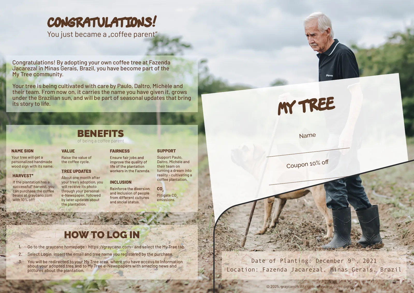 Digitales My Tree Zertifikat mit Baumnamen und Rabattcoupon